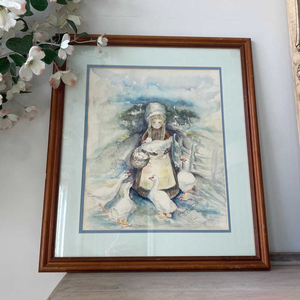 Vintage Original Watercolor Farmhouse Girl Carrying ducks